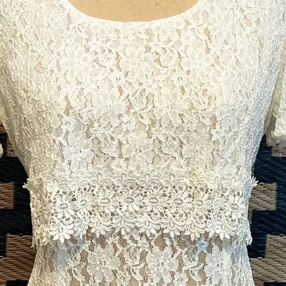 VINTAGE 80s lace corset tie back midi dress formal floral embroidery nylon white - Picture 3 of 11